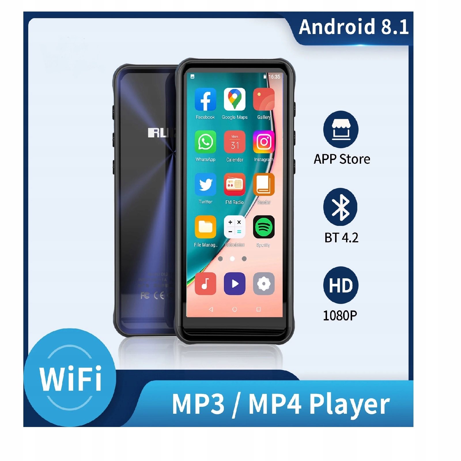 ODTWARZACZ MP3 MP4 Czarny WiFi, Spotify, przeglądarka, dyktafon bluetooth Stan opakowania oryginalne