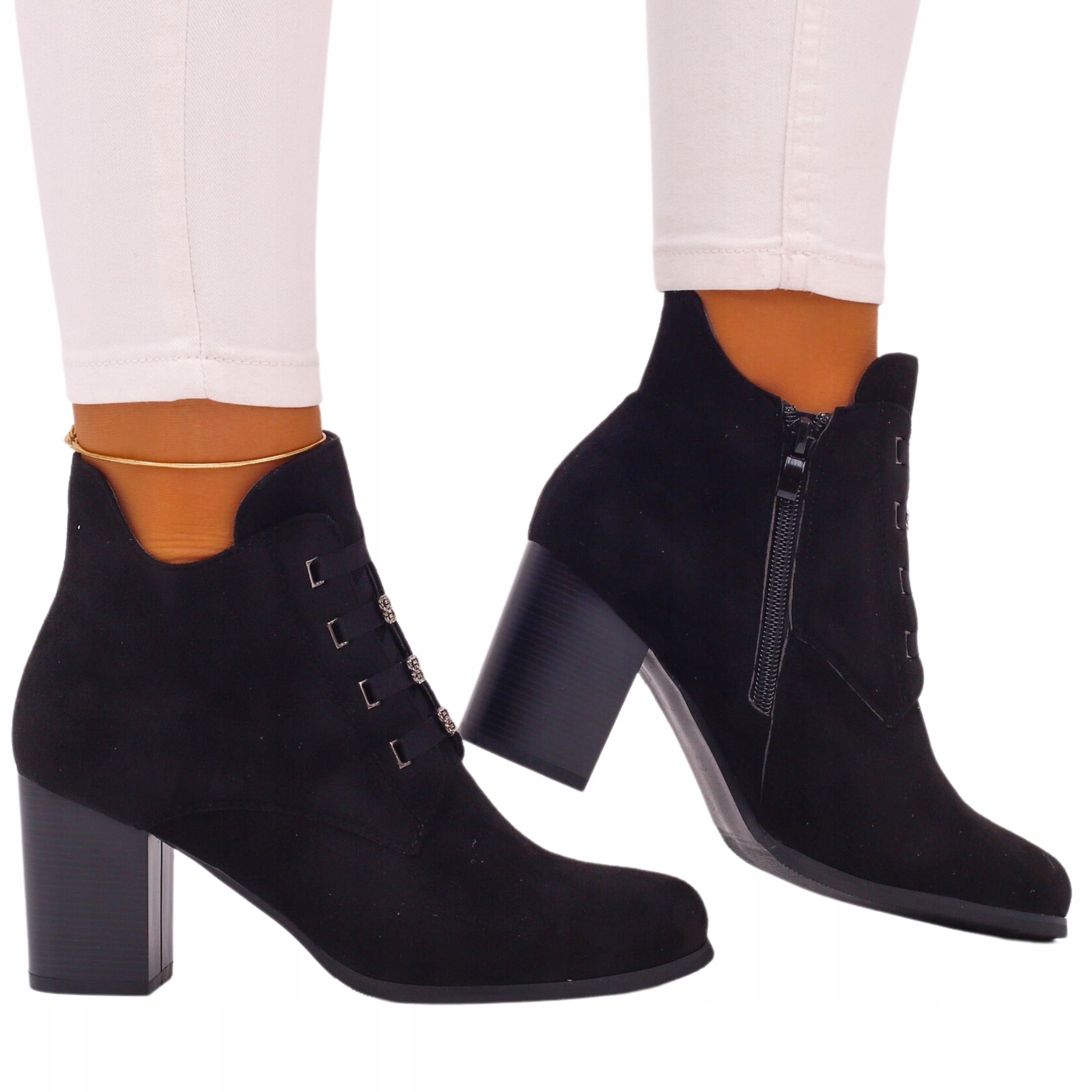 BOTKI DAMSKIE ZIMOWE CZARNE NA SŁUPKU STYLOWE