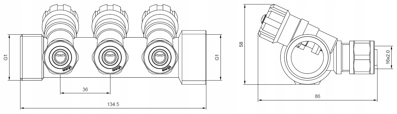X-HOME ROZDZIELACZ PEX 1” x 16 mm 4 OBWODY WODY ZIMNEJ 3 OBWODY CIEPŁEJ Średnica przyłącza belki 1