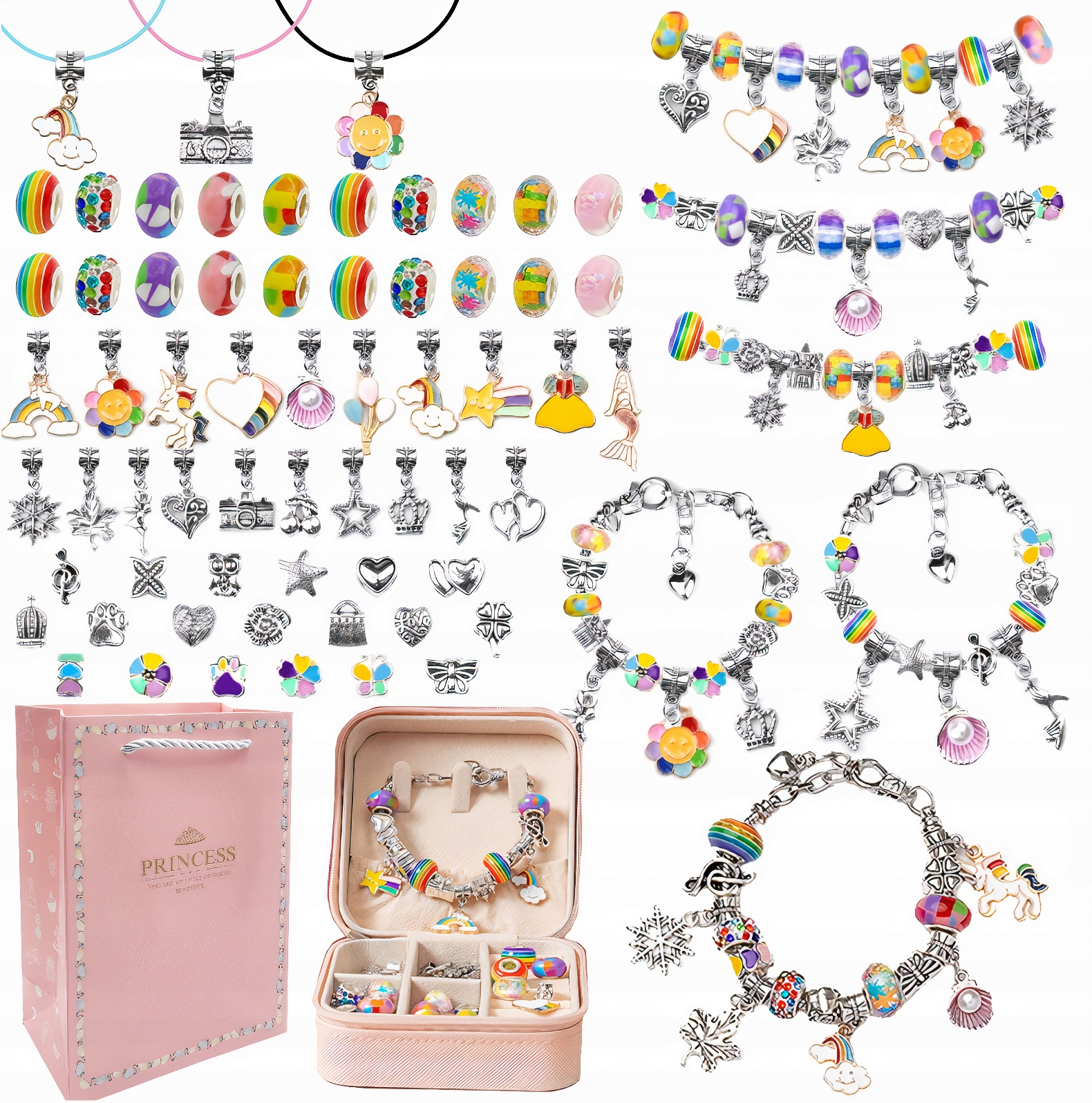 ZESTAW KORALIKÓW DO ROBIENIA NASZYJNIKÓW BIŻUTERII BRANSOLETEK DIY + TORBA Materiał metal plastik