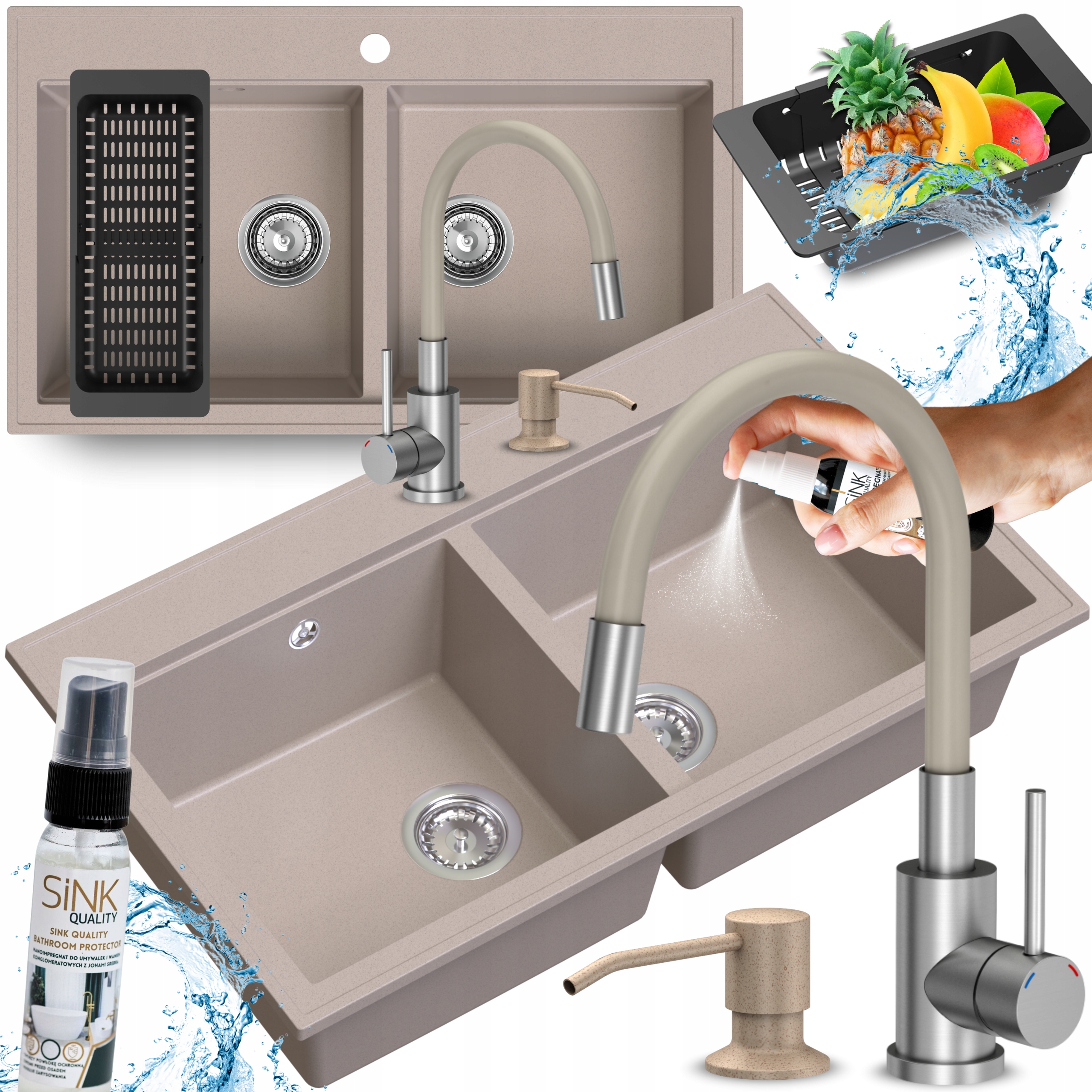 Dvojkomorový Drez Granitový Béžový Veľký Hlboký S Kuchynskou Batériou