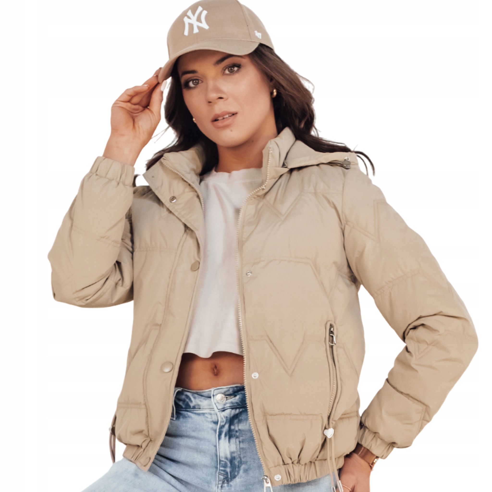 Kurtka przejściowa damska z kapturem pikowana beżowa TY4177 XL