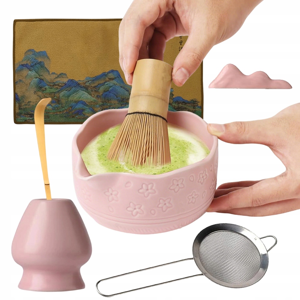 Levně Sada Na Matcha Růžová Keramická 450 ML S Bambusovou Šlehací Metlou