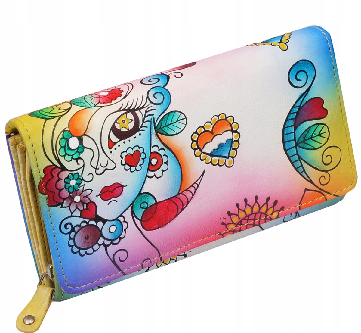 Kochmanski skórzany portfel damski średni ręcznie malowany serca serduszka