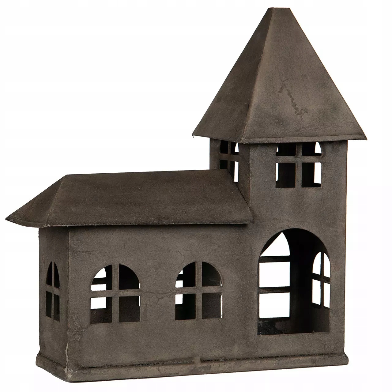 Lampion Domek Kostelík Kovový Loft čajová svíčka do obývacího pokoje na stůl s policí 33 cm