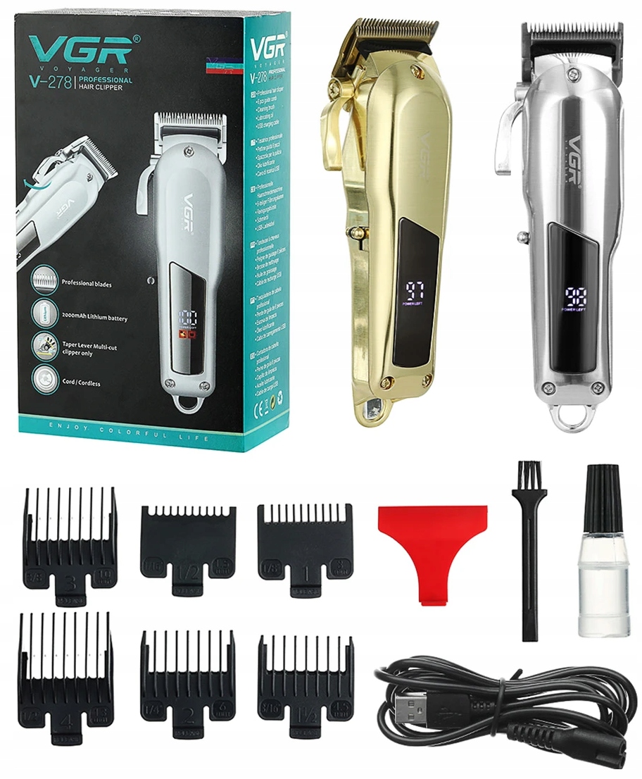 PROFESJONALNA MASZYNKA DO WŁOSÓW BEZPRZEWODOWA Z REGULACJĄ 6 NASADEK + OLEJ Czas ładowania 180 min