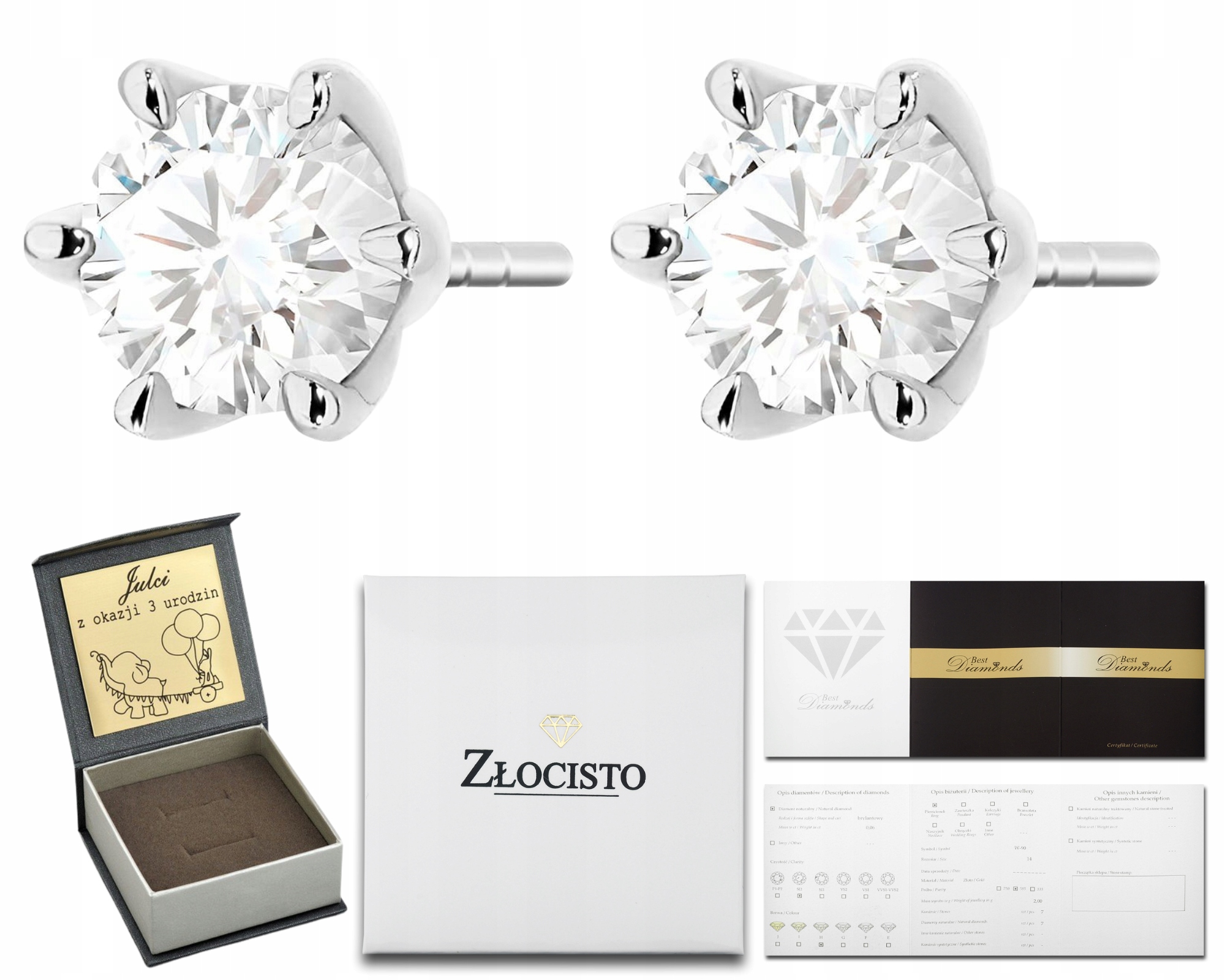 Náušnice z bílého zlata 1,40 karátu s diamanty laboratoře, puzetové oko 585, Dárek