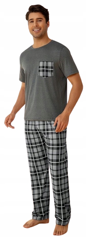Šedé Pyžamo Dlouhé Nohavice Mřížka Tričko S Kapsou Pánské Pyžamo M