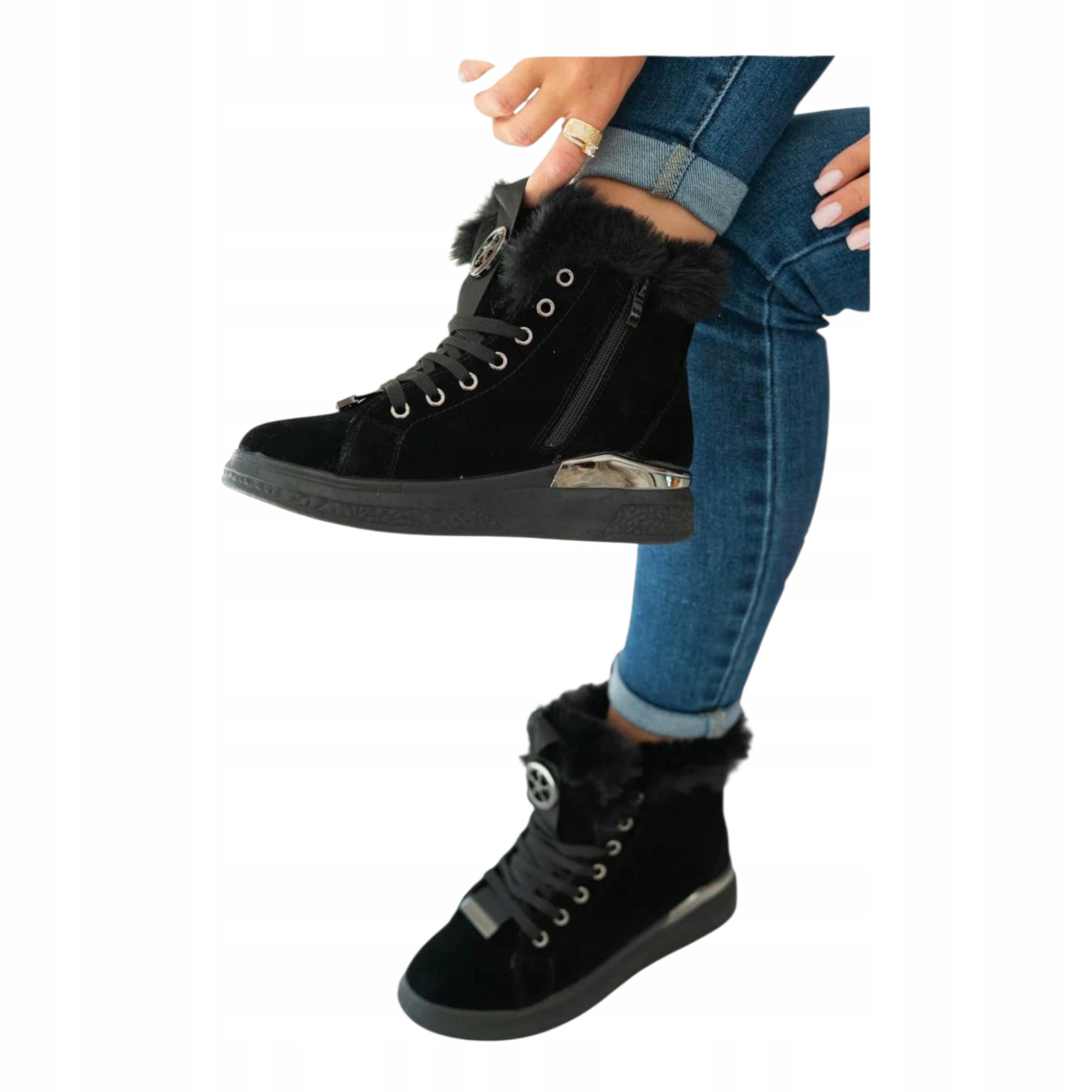 Dámské ploché Kotníkové Boty Zateplené tenisky s kožešinou Semišové černé 38