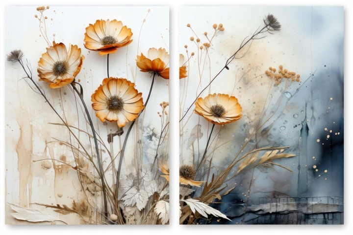 Boho Rostliny Suché Květiny sada 2 plakátů B1 100x70cm obraz béžová tráva #379