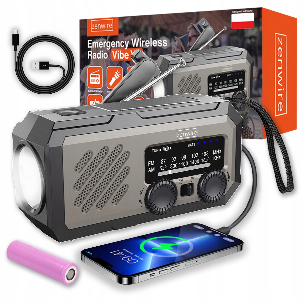 Mini Radio Przenośne Solarne Awaryjne Budowlane na Korbkę Baterie Powerbank