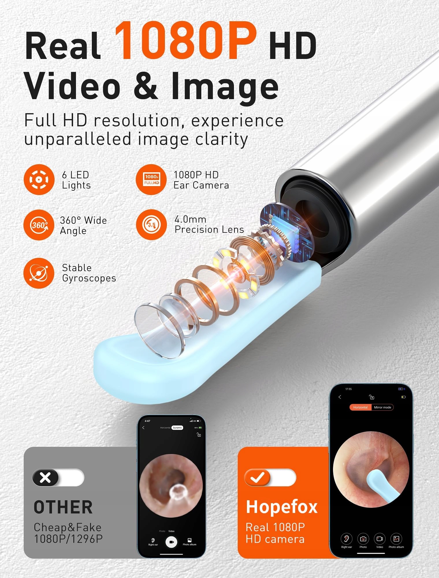 HOPEFOX Kamera Do Czyszczenia Uszu 1080P HD WiFi Endoskop LED — miniatura 3