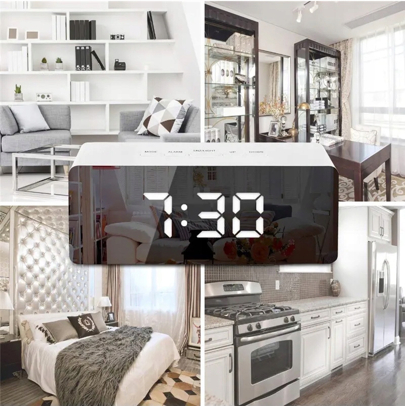 ZEGAREK ELEKTRONICZNY STOJĄCY BUDZIK ALARM DATA TERMOMETR LUSTRO LED ZEGAR Linia budziki lustrzane