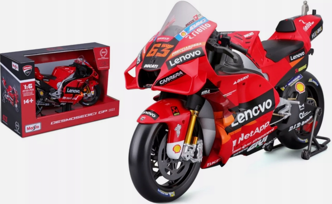 Velká Ducati Desmosedici Lenovo Team MotoGP 2022 #63 F.Bagnaia 1:6 Maisto