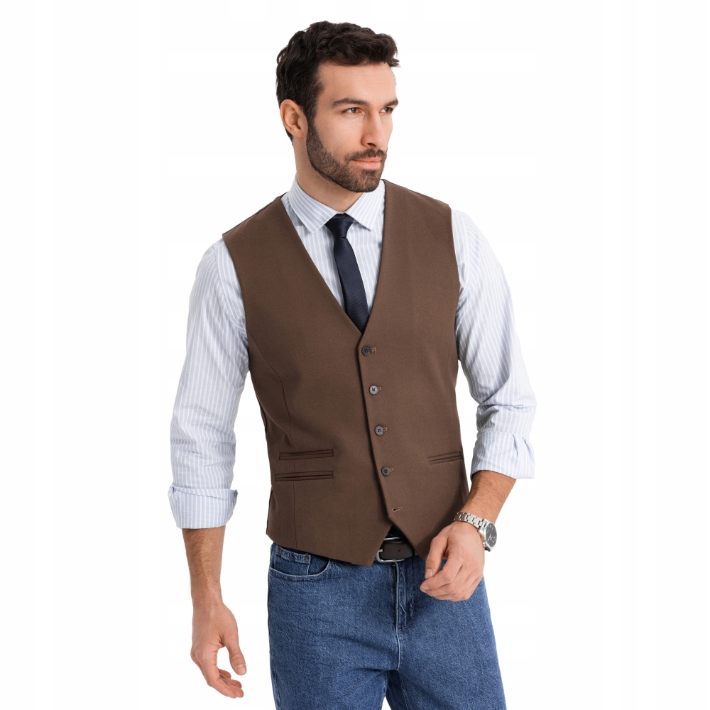 Pánská obleková vesta s klasickým detailem, hnědá V2 OM-BLZV-0142 S