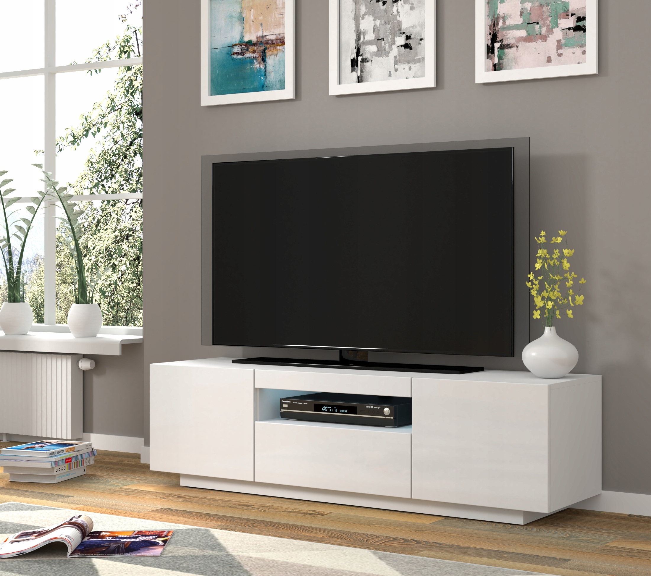Rtv skříňka Aura 150 cm bílý lesk s Led