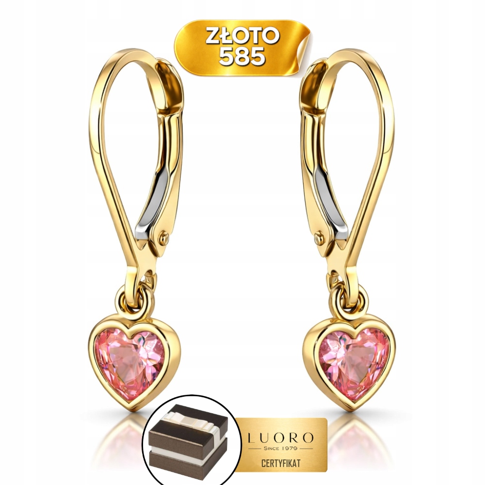 Náušnice Zlaté 585 14K Závěsné Srdce Růžové 2,2 CM Anglické Zapínání