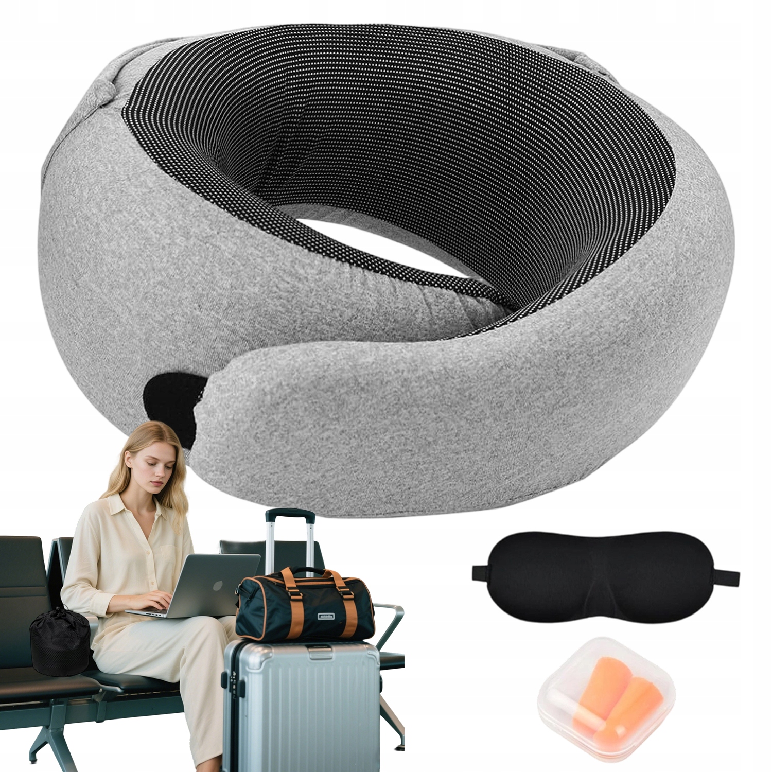Ergonomiczna Poduszka Podróżna Na Szyję Z Kapturem Maska I Zatyczki Szara