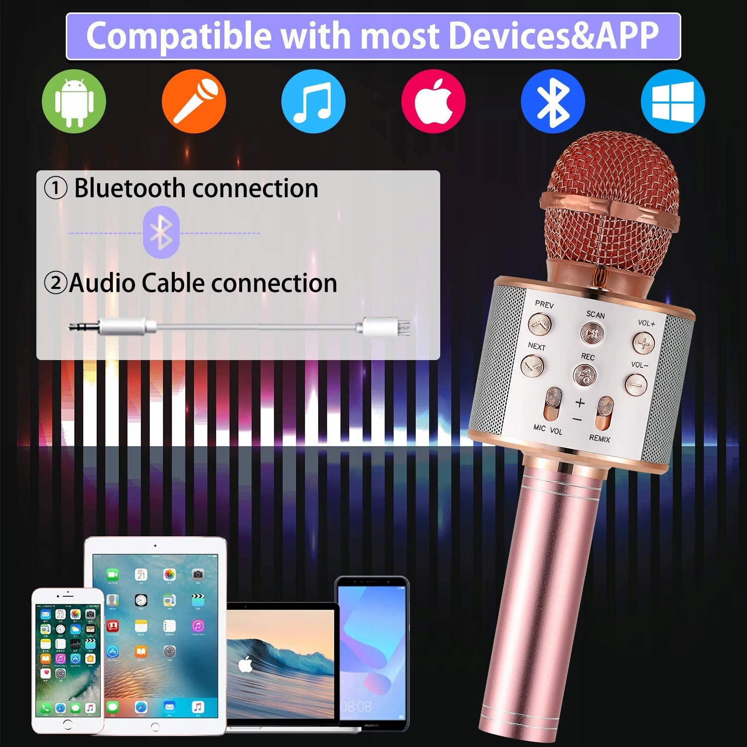 MIKROFON BEZPRZEWODOWY BLUETOOTH KARAOKE GŁOŚNIK Szerokość produktu 19.5 cm