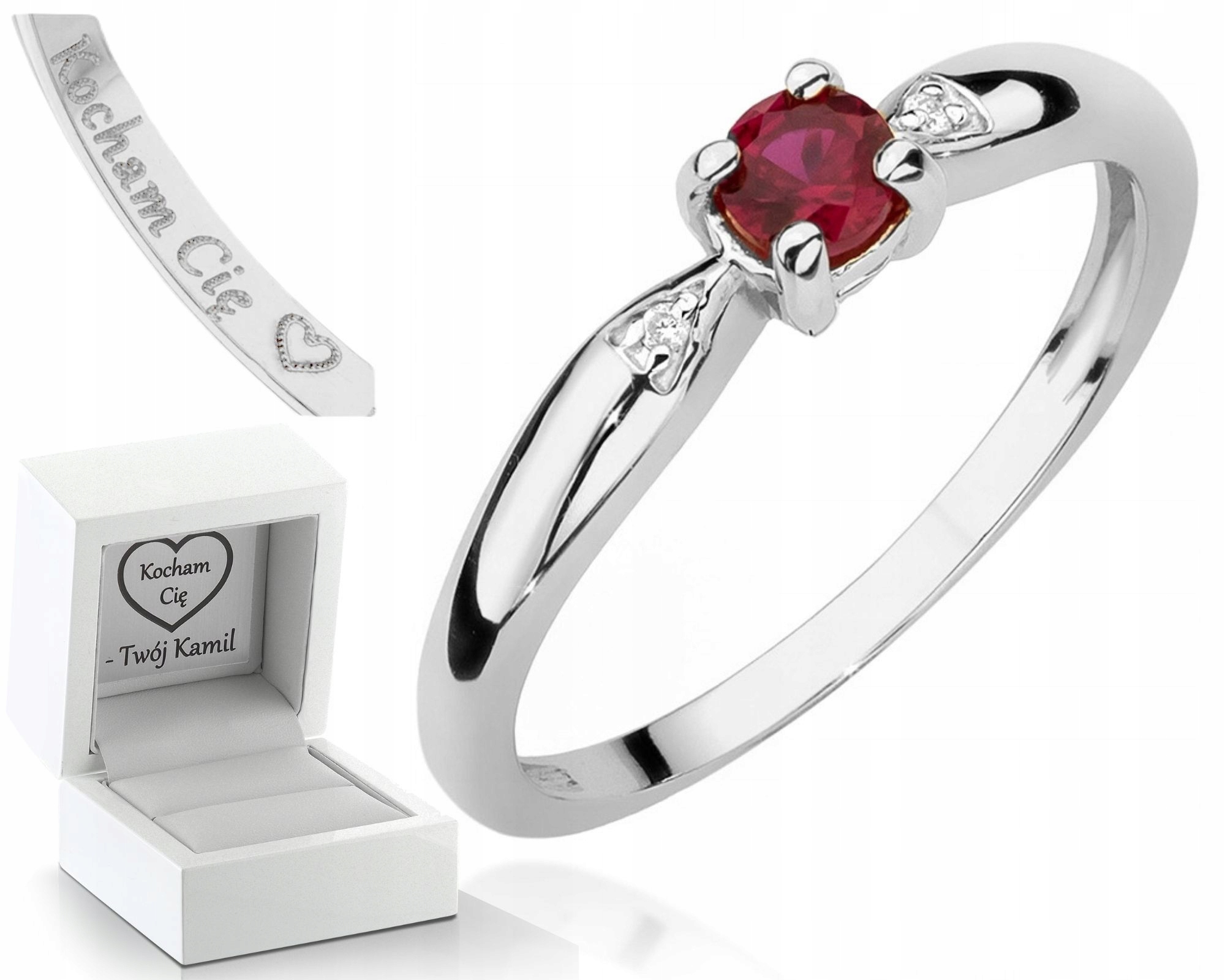 Prstýnek V Bílém Zlatě Rubín S Briliantovým Gravírování