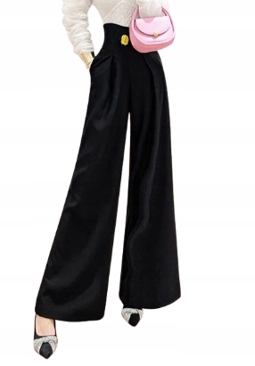 MD elegantní široké dlouhé zvonové kalhoty s vysokým pasem Černé L