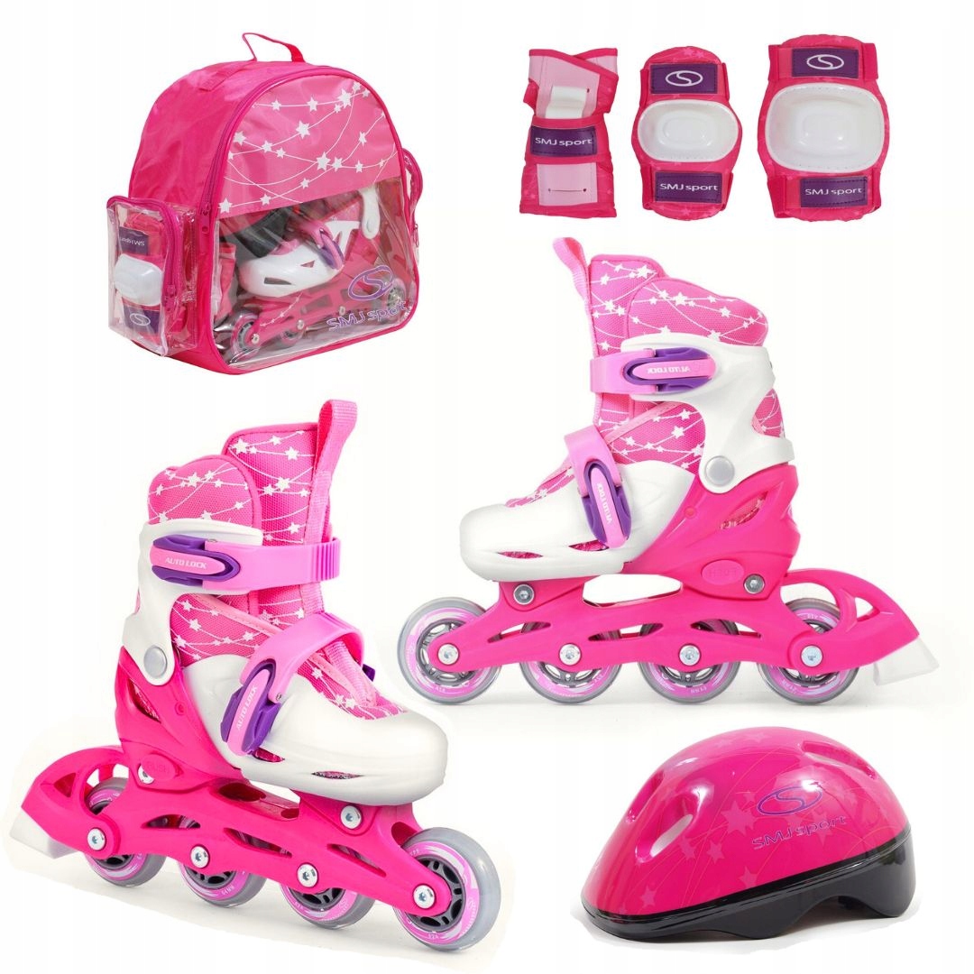 ZESTAW ROLKI / WROTKI + KASK + OCHRANIACZE ŚWIECĄCE KÓŁKA RÓŻOWY 26-29