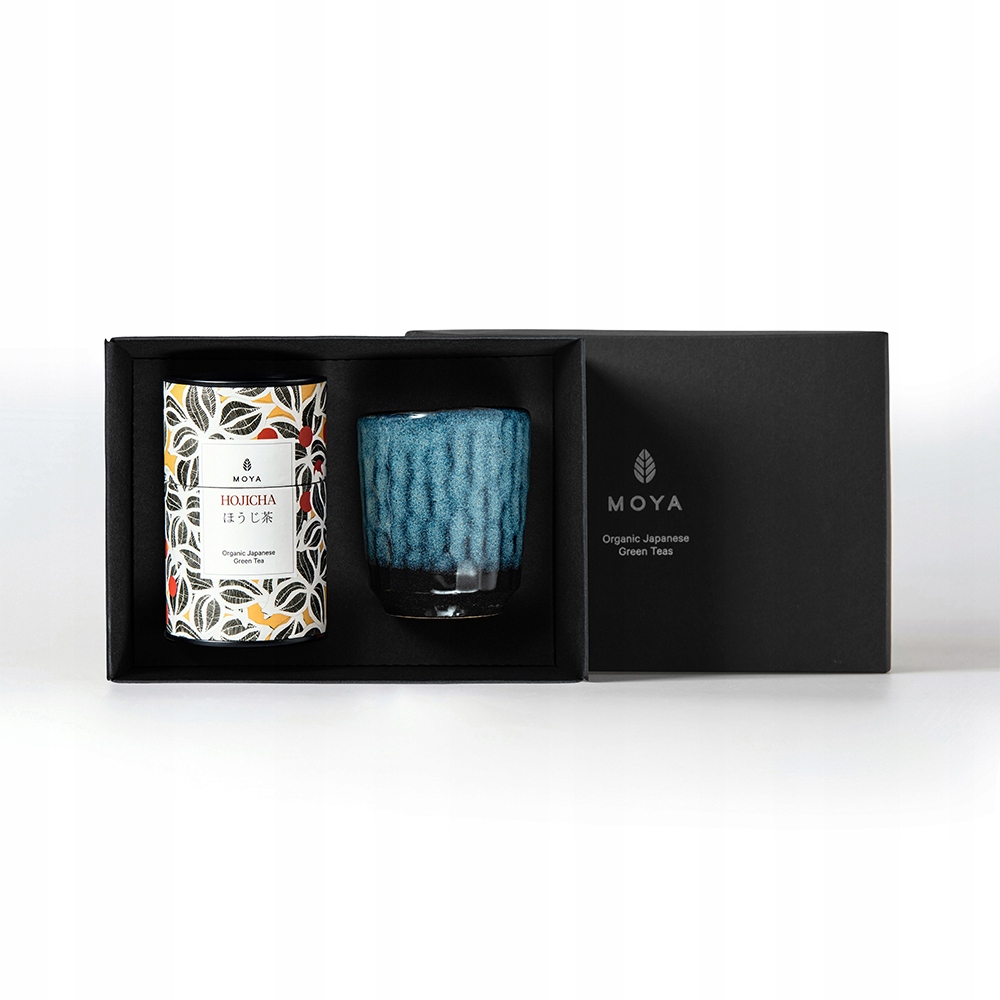 Zestaw prezentowy organiczna zielona herbata Moya Hojicha i kubek Shinto