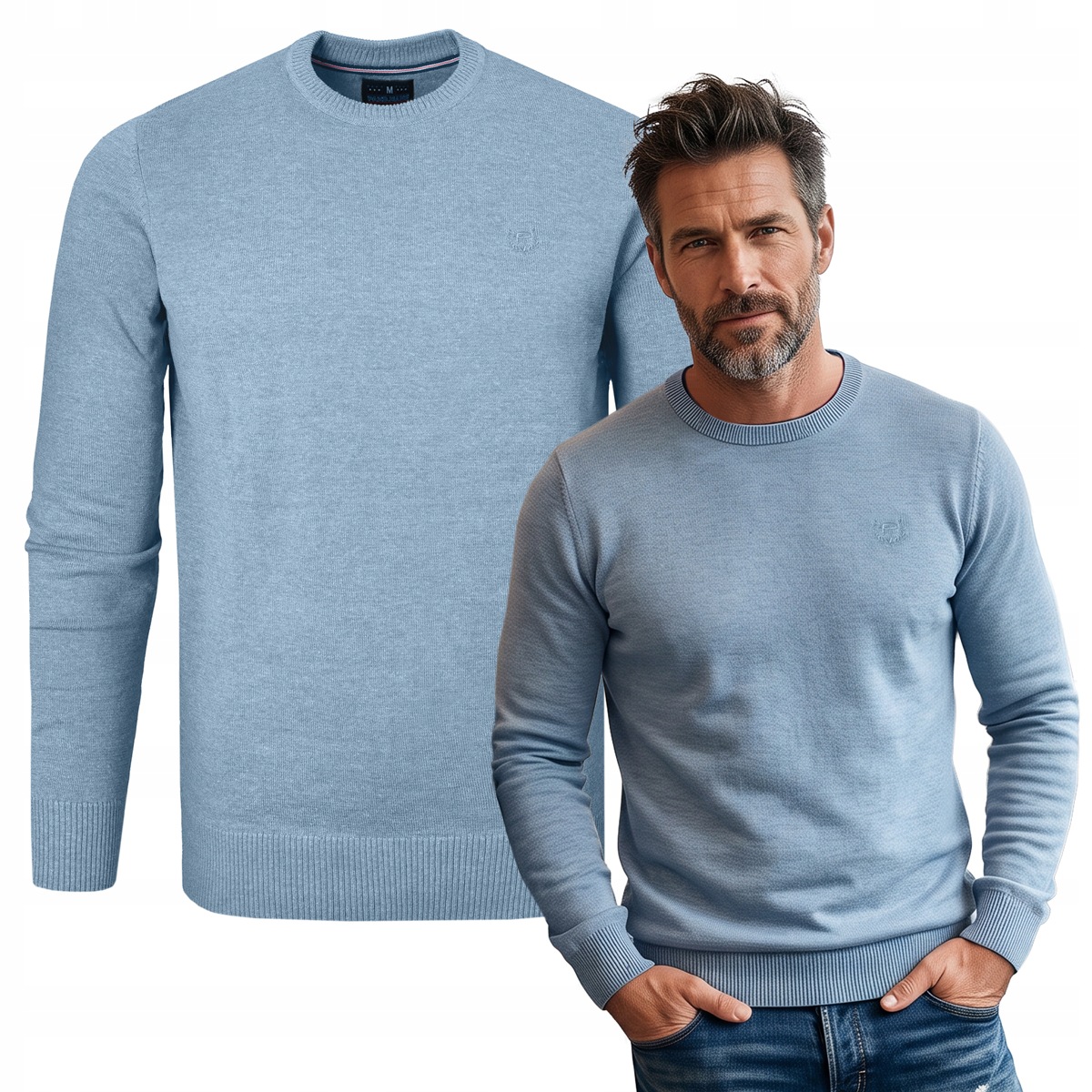 Pánský svetr Klasický Jednobarevný Hladký Basic Džínový M Pako Jeans