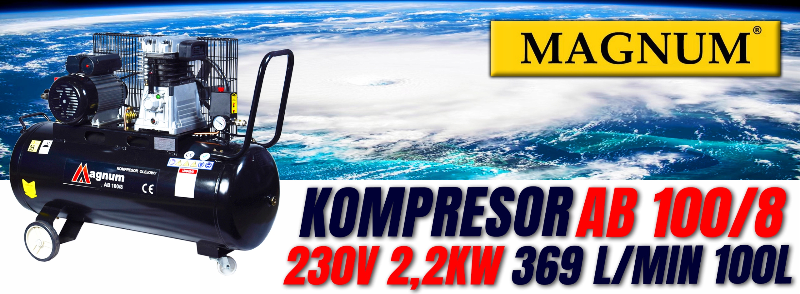 KOMPRESOR MAGNUM 369L/MIN 230V 2,2kW 8 BAR 100L Waga produktu z opakowaniem jednostkowym 65 kg
