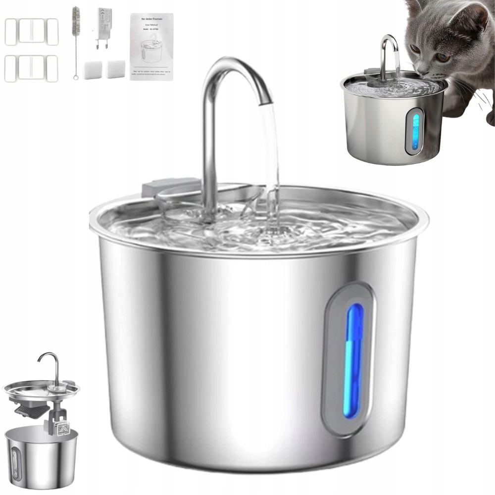 Fontanna dla kotów ze stali nierdzewnej 2.2 L cichy Automatyczne Poidło