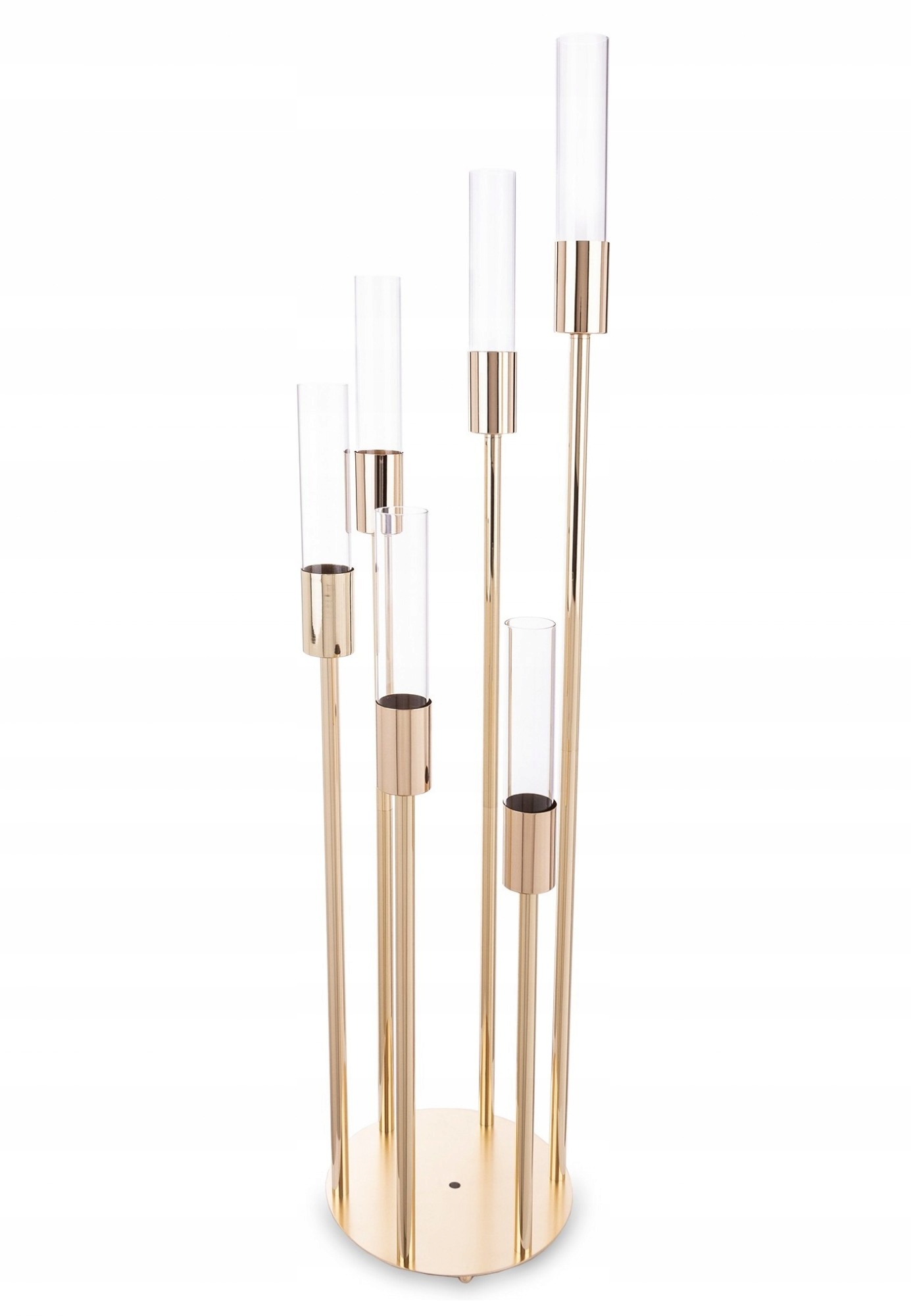 Vysoký sklenený kovový stojanový svietnik, zlatý, 6 glamolurových sviečok