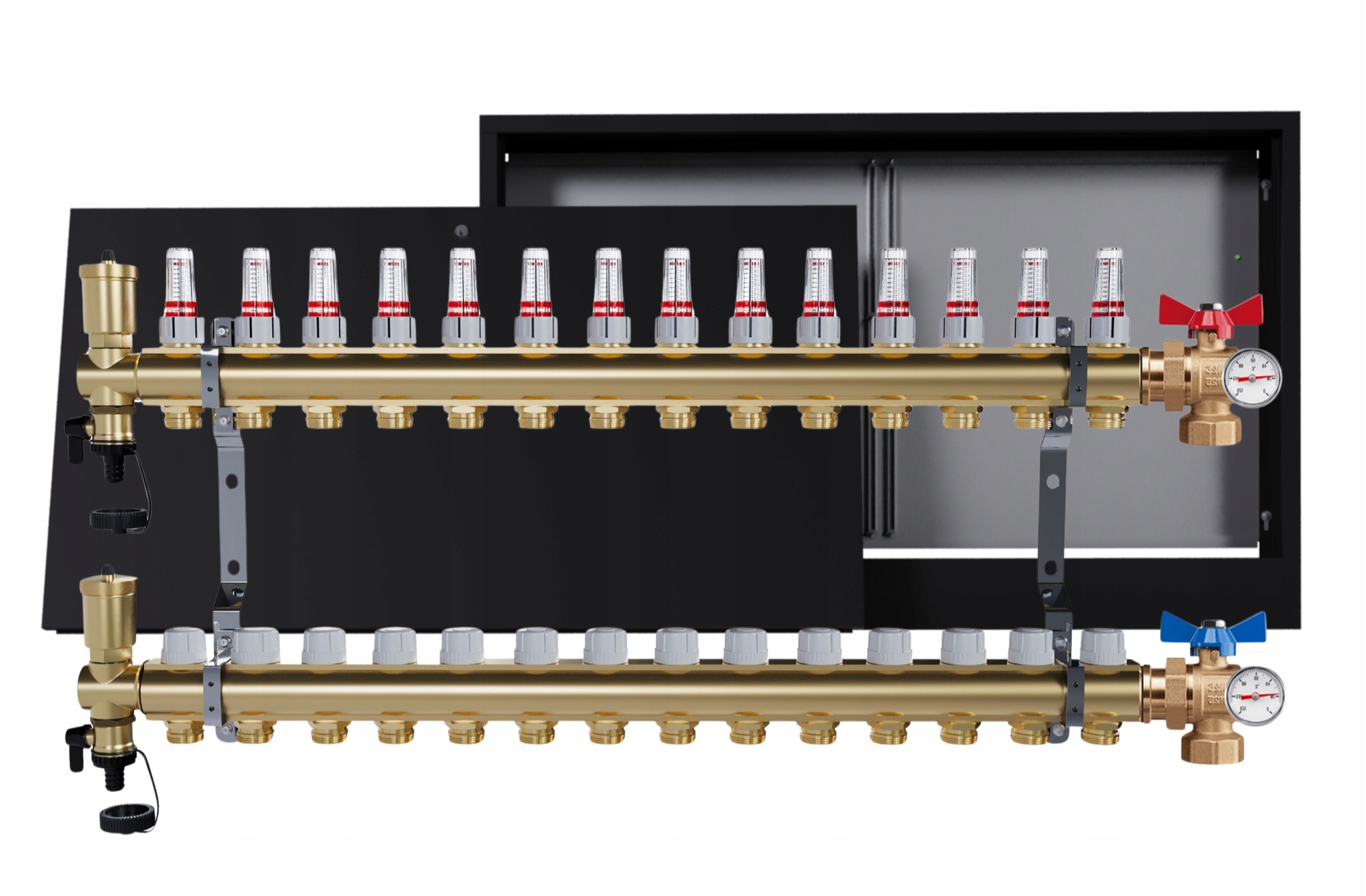 Rozdělovač Pro Podlahu 14 Okruhů Ventily Nástěnná Skříňka Černá