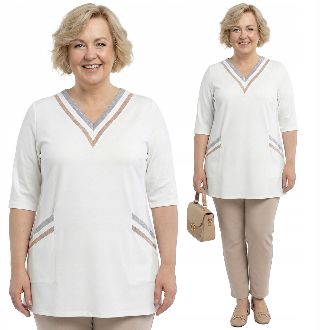 Bílá tunika s ozdobnými stříbrnými a zlatými proužky plus size velikost 54