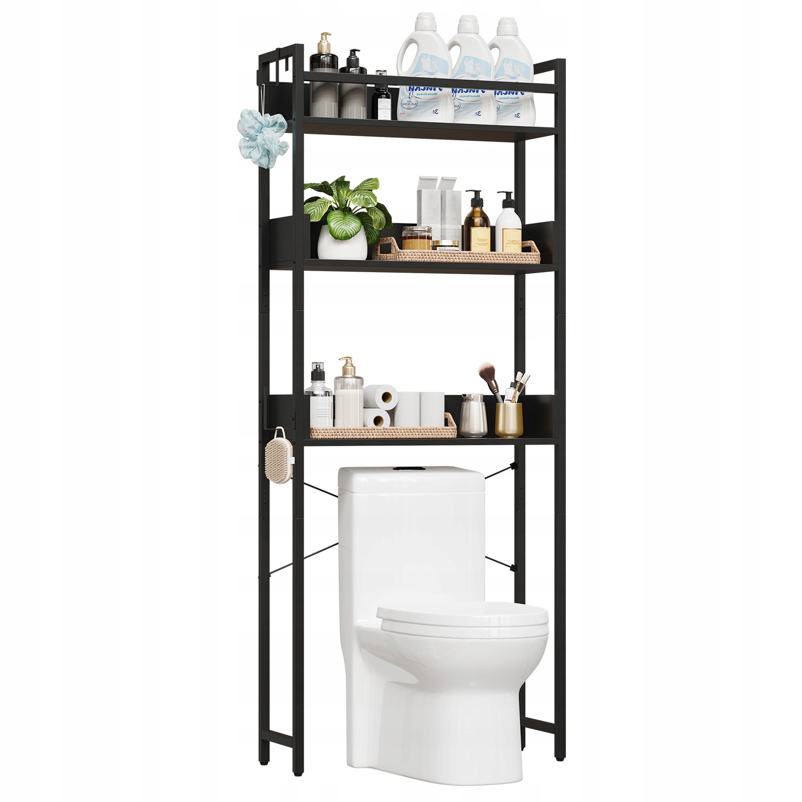 Prostorově úsporný 3patrový úložný regál nad toaletu s otevřenými policemi a košíkem