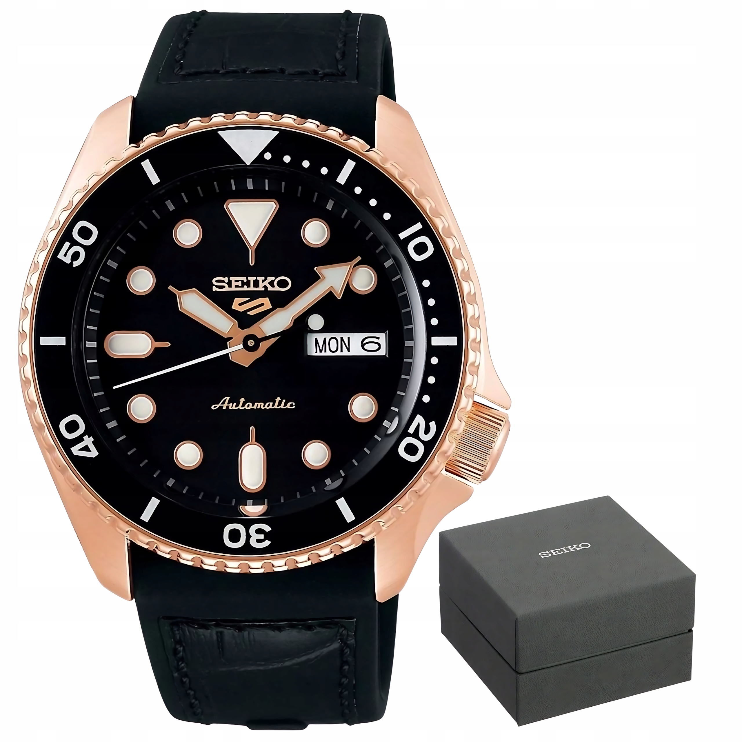 Pánské Hodinky Seiko SRPD76K1 Automat Rose Gold Černé Vodotěsné WR100