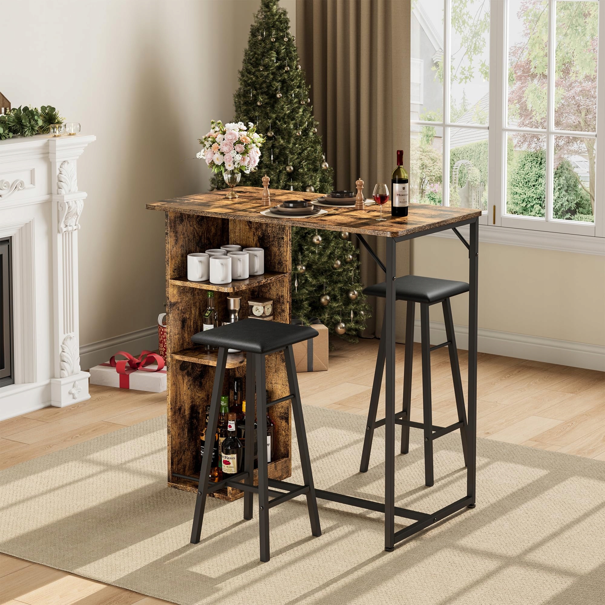 Jídelní set 3 ks, Kuchyňský barový stůl, Retro barva Černá trubková konstrukce (s polstrováním)