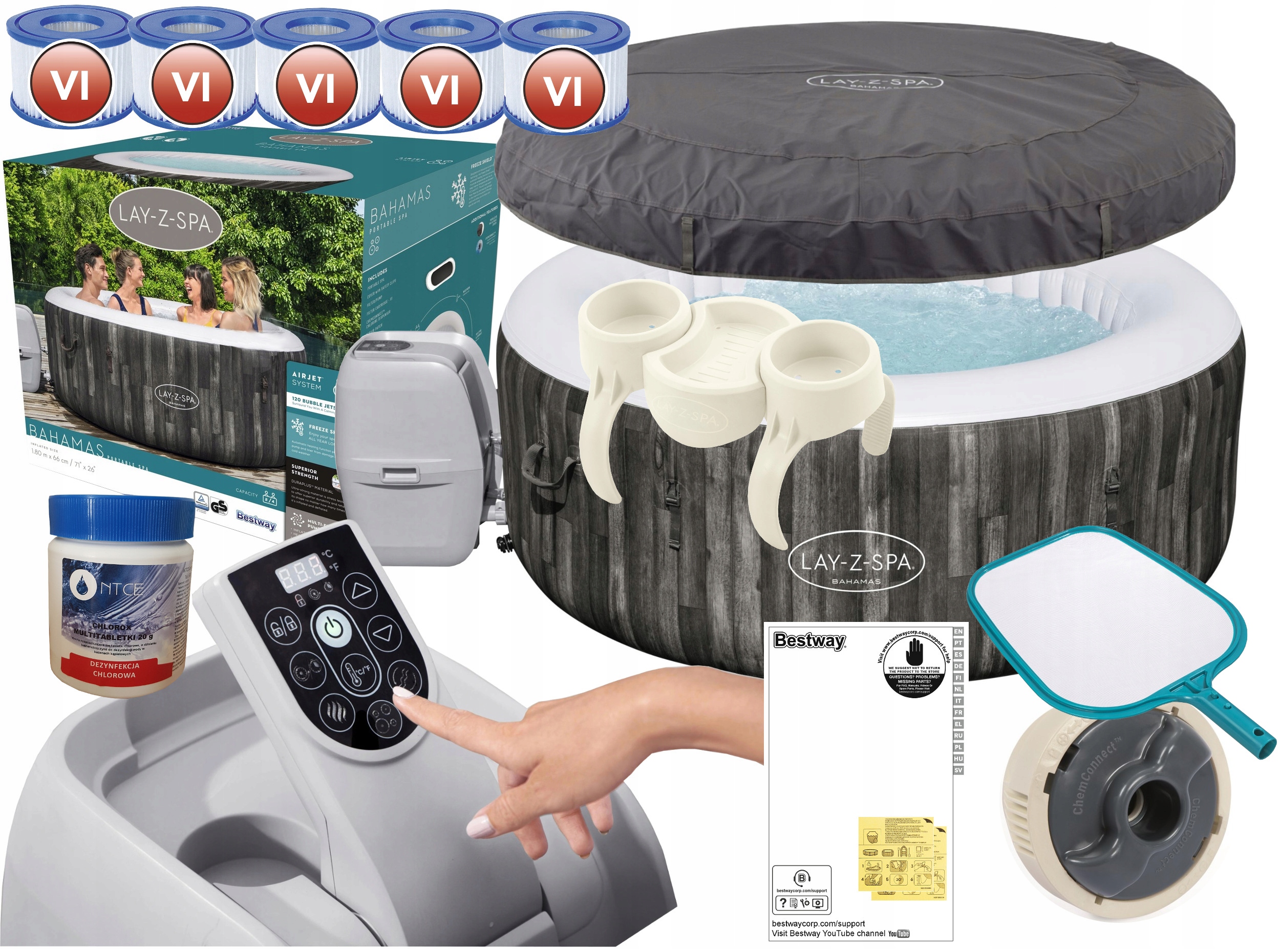 BESTWAY 60005 BAHAMAS SPA HYDROMASAŻ PODGRZEWACZ FILTRY SIATKA UCHWYT CHLOR