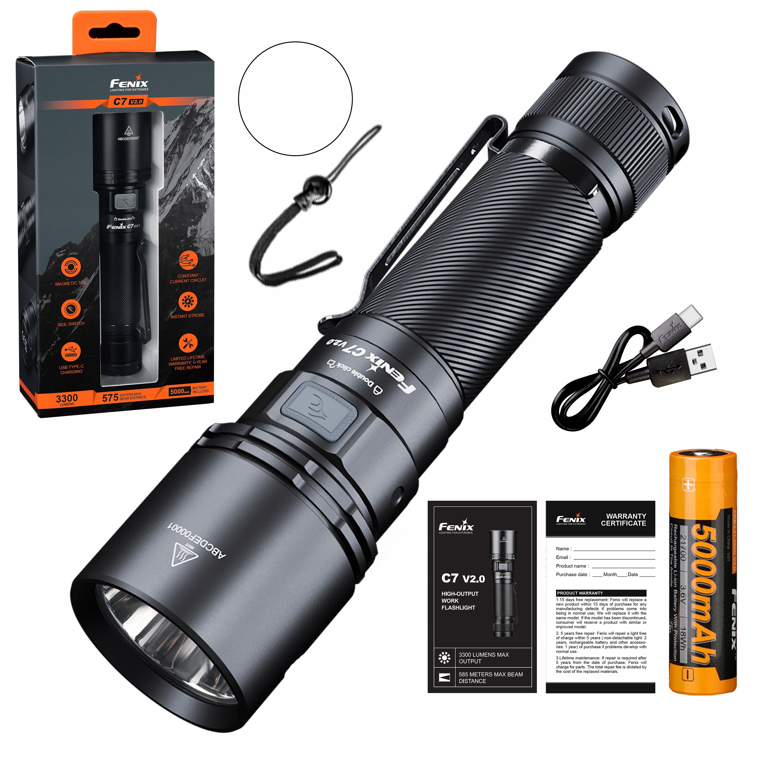 Latarka Led Fenix C7 V2.0 czarna 3300 lm 575 m Usb-c 79 h