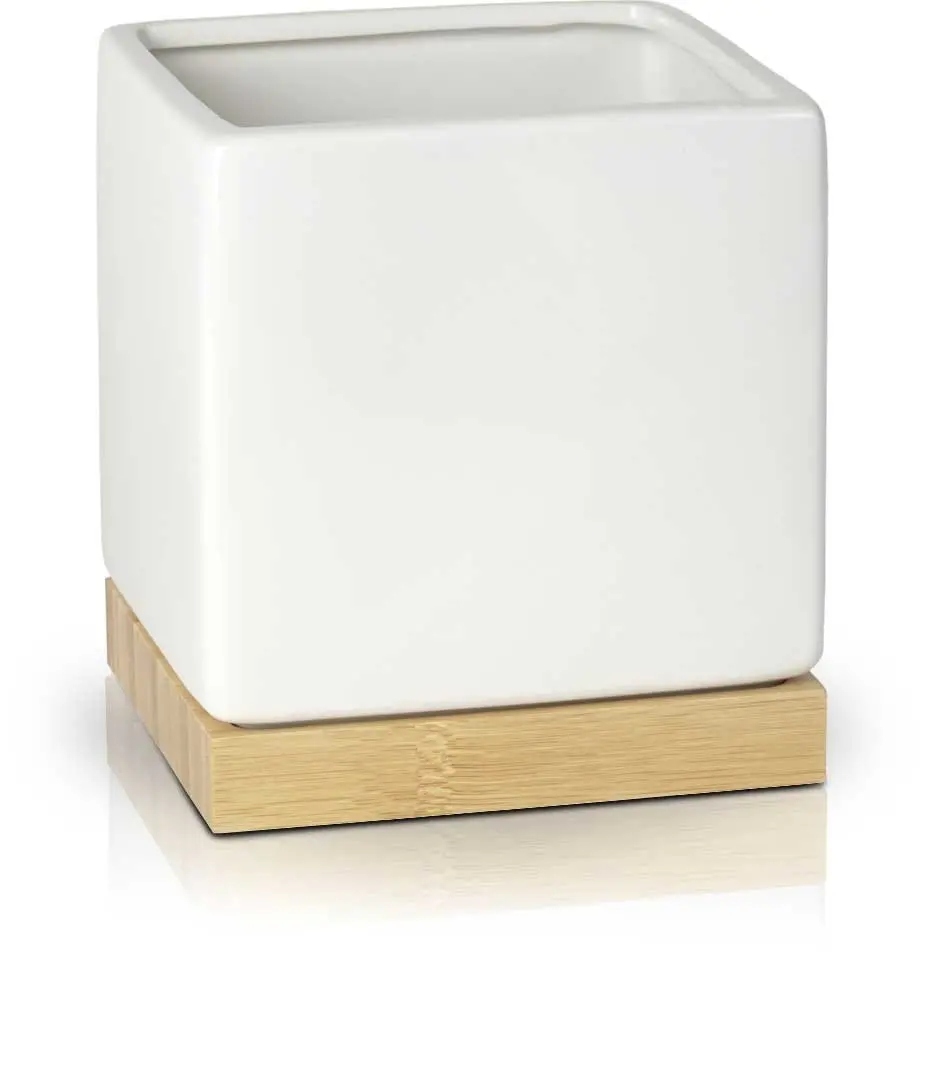 KWADRATOWA BIAŁA DONICZKA Z DREWNIANĄ PODSTAWKĄ 14X13 CM