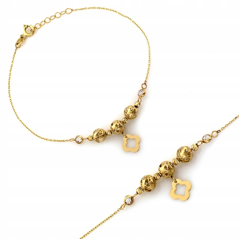 Zlatý Náramek S Prolamovými Koulemi Jetel Zirkony