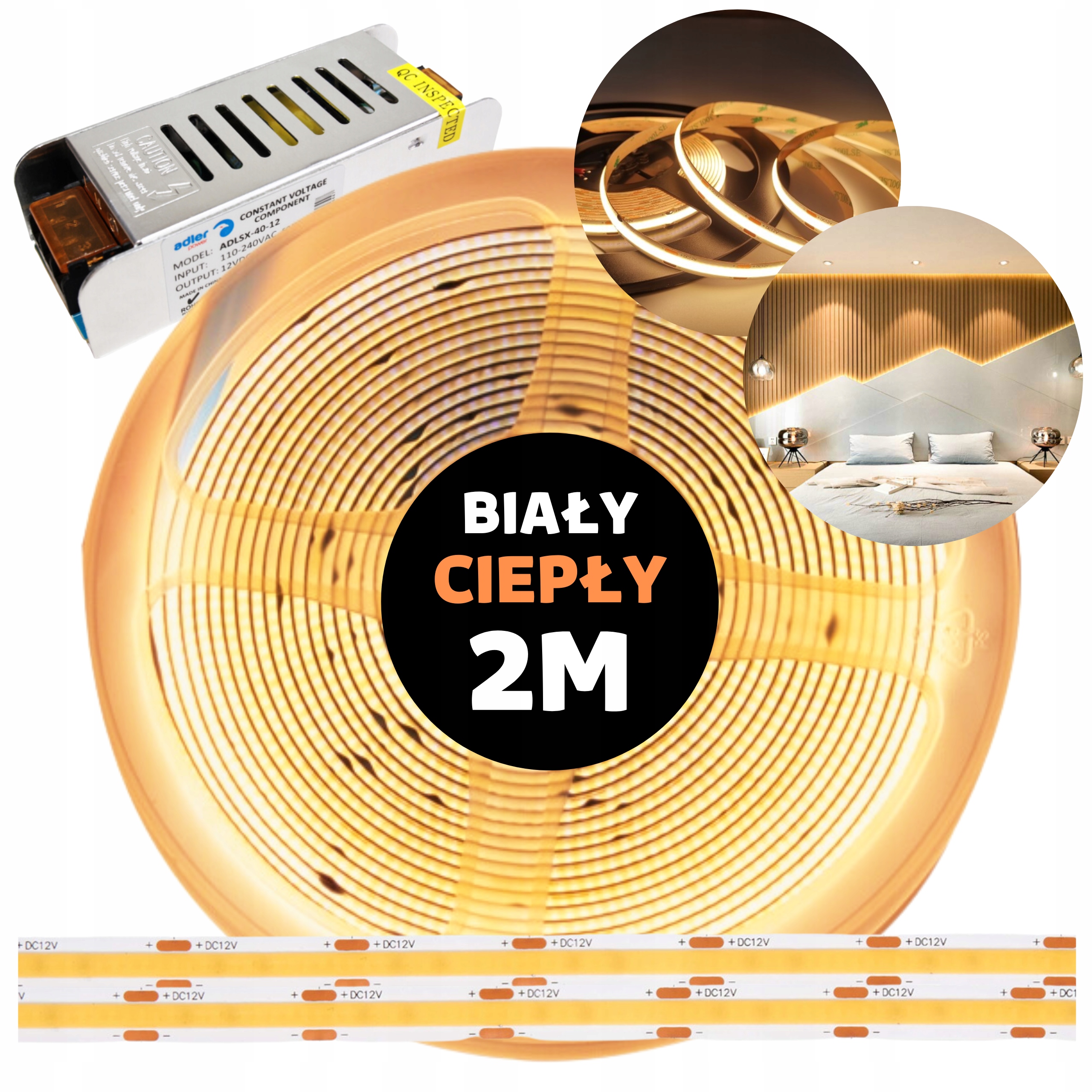 Pásek Led Cob kontinuální neonová linka s napájecím zdrojem bílý teplý 12V 2M