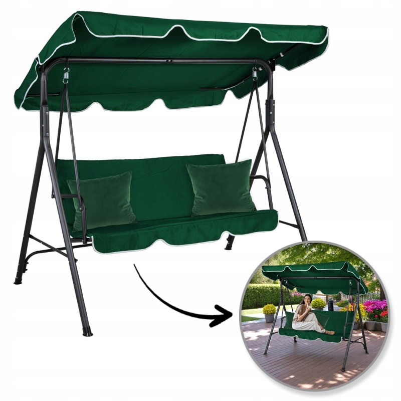 3-miestna záhradná hojdačka s baldachýnom a 2 vankúšmi, zelená HO01ZIE