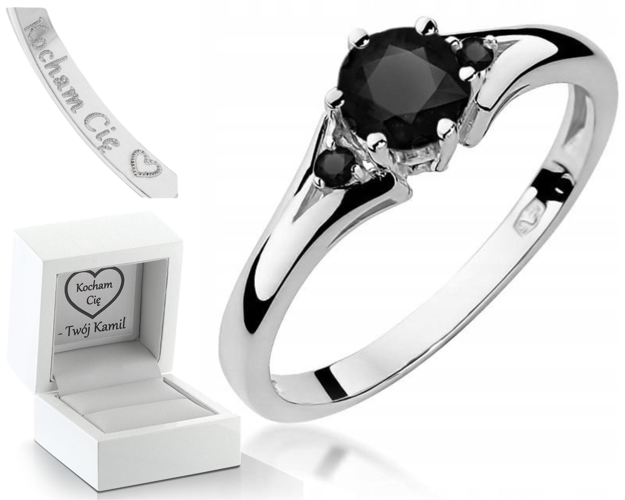 Bílé Zlato Prstýnek Černé Brilianty Efekt 585 Gravírování Dárek