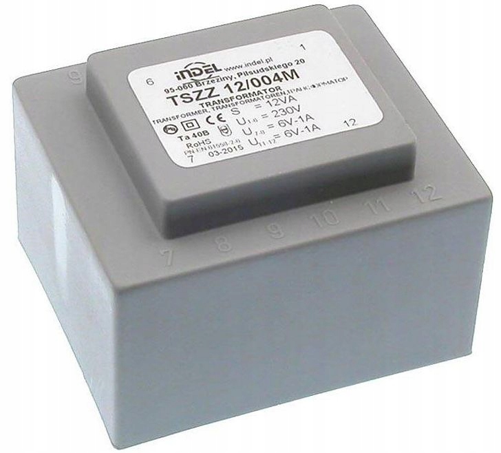 Transformator 12VA zalewany 230Vac (6V, 6V) 1A