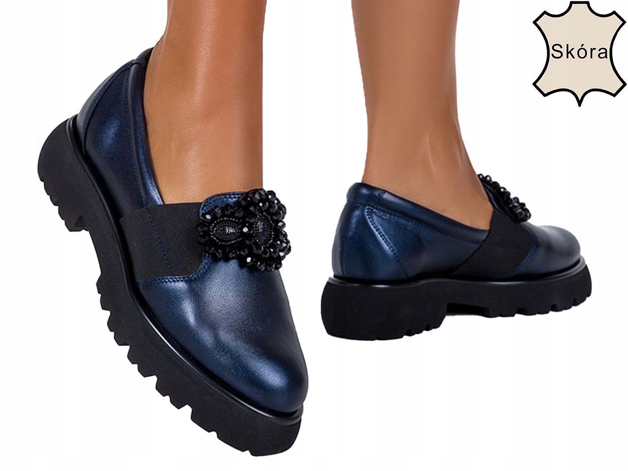 Półbuty Skórzane Buty Damskie Na Platformie Z Ozdobnymi Koralikami New r 35