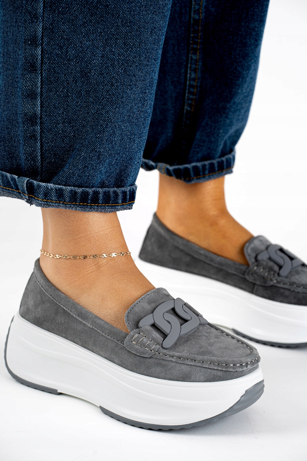 Szare mokasyny skórzane na platformie damskie 36