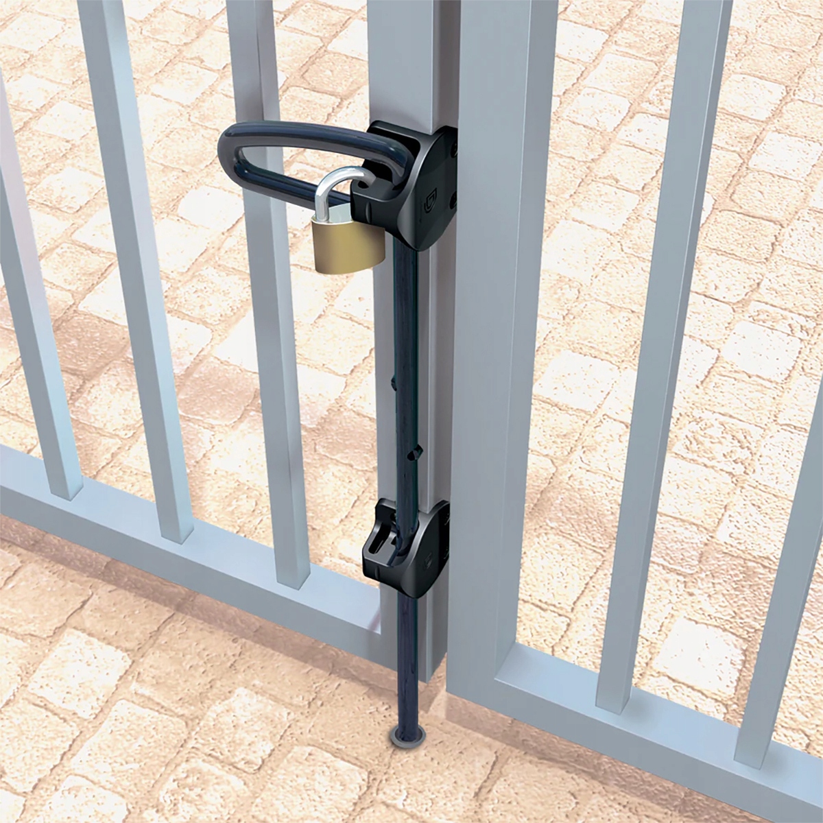 Vertikálny uzáver pre kovovú bránu – uzamykateľný, na visiaci zámok, dĺžka 1020 mm