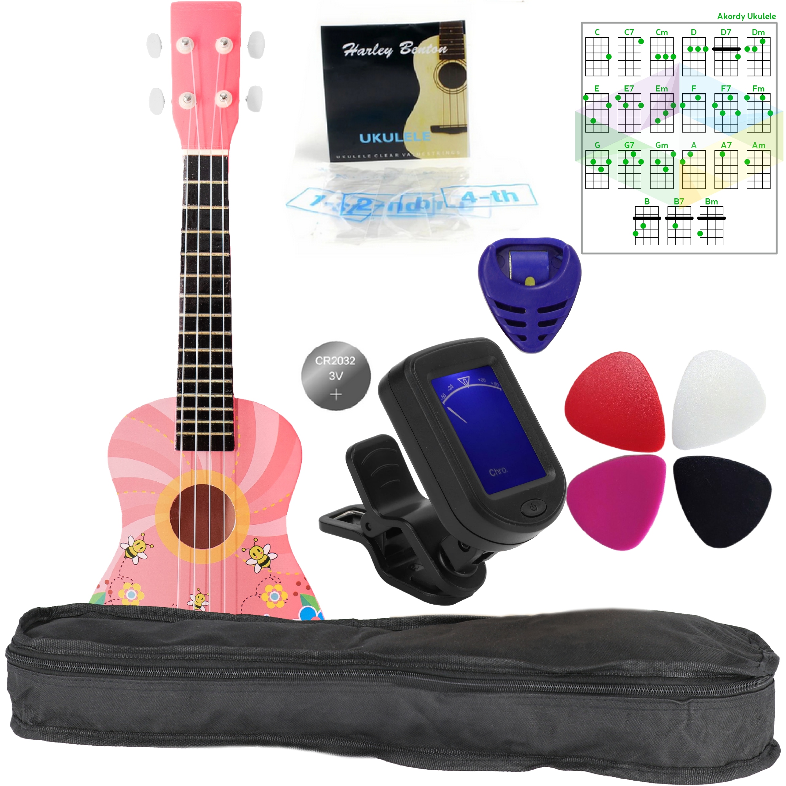 Ukulele sopranowe Różowa Łąka Pokrowiec Struny Kostki Stroik Akordy ZESTAW