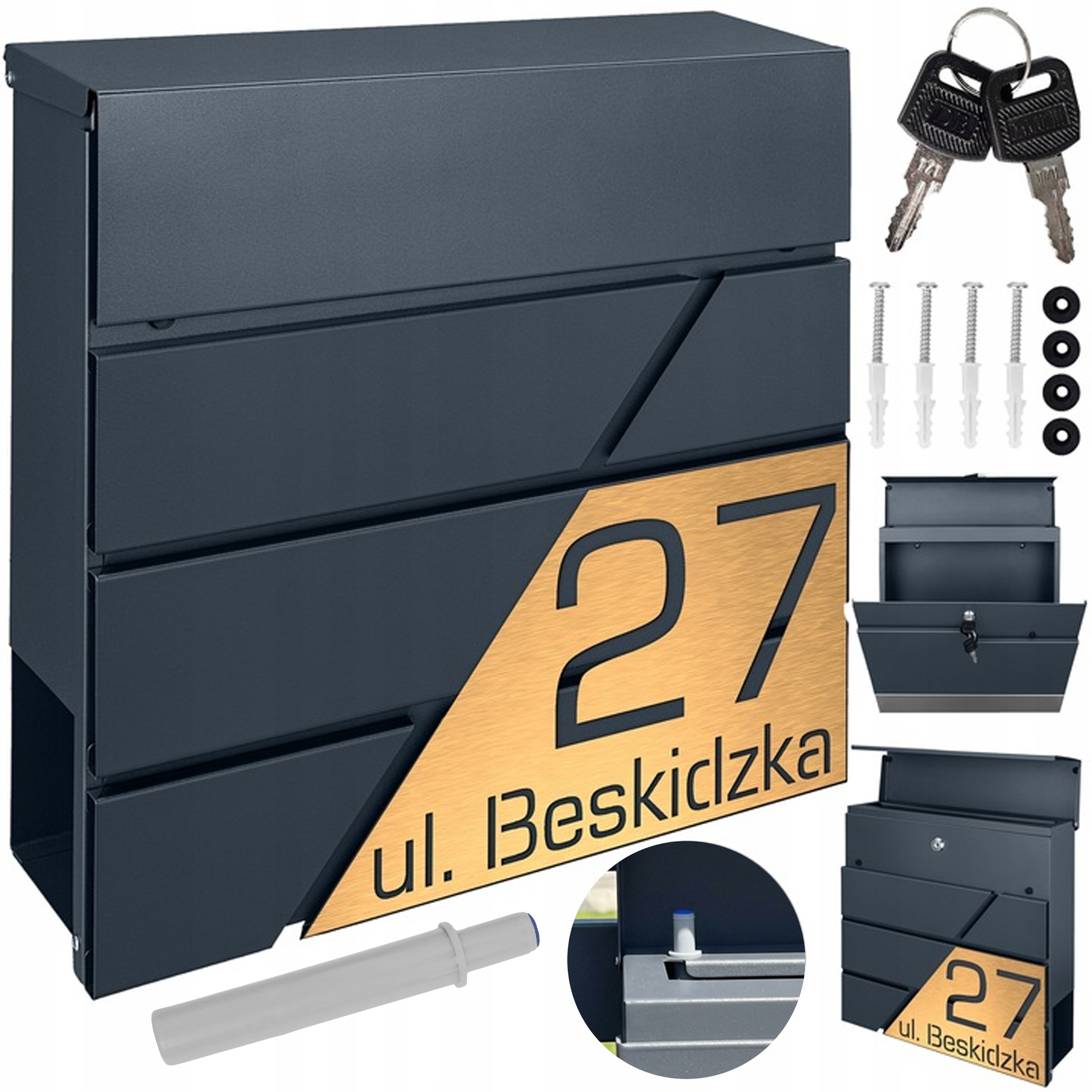 Antracitová Poštovní Schránka Se Zlatou Gravírovanou Adresou Z Laminátu
