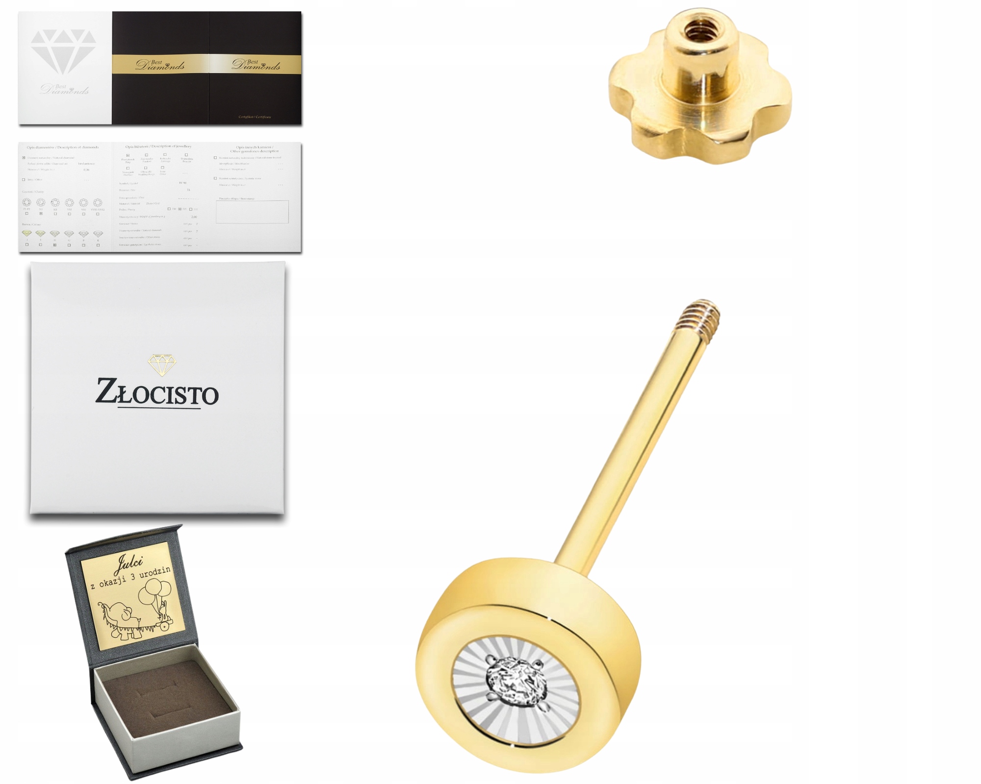 Zlatý Náušnicový Náušnice S Diamantem Kulatý 1 Kus Zlato 585 Gravírování Šroubovací Tyčinka